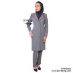 مانتو و شلوار اداری طوسی روشن پنج دکمه پارچه بزیاق کد 3599
