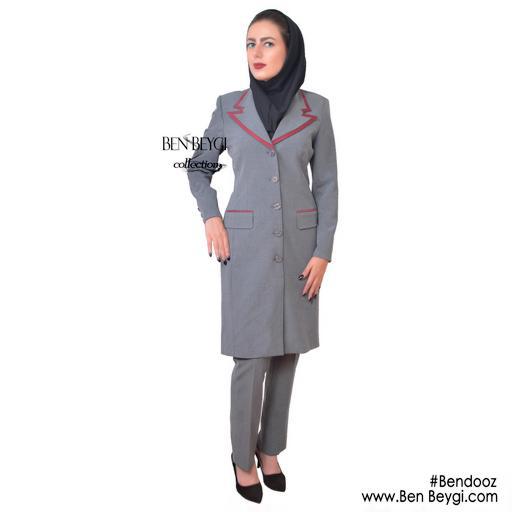 مانتو و شلوار اداری طوسی روشن پنج دکمه پارچه بزیاق کد 3599