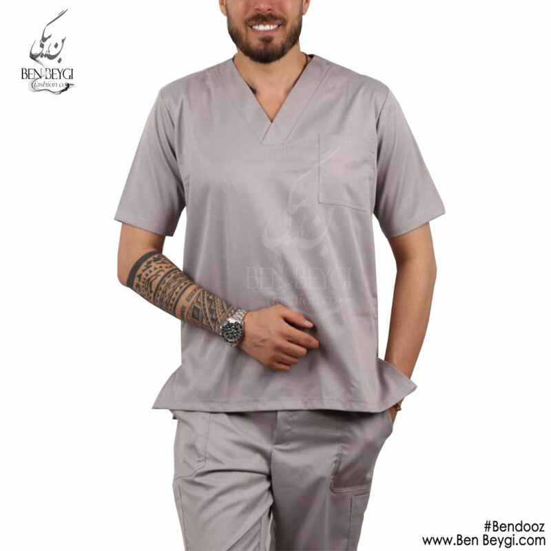 اسکراب پزشکی مردانه و زنانه UNISEX پارچه ترگال یقه هفت آستین کوتاه طوسی روشن کد SHA-461-17757