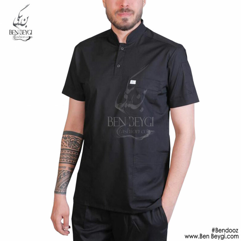 اسکراب پزشکی زنانه و مردانه UNISEX پارچه ترگال یقه ایتالیایی جلو بسته آستین کوتاه مشکی کد SHA-404-17754