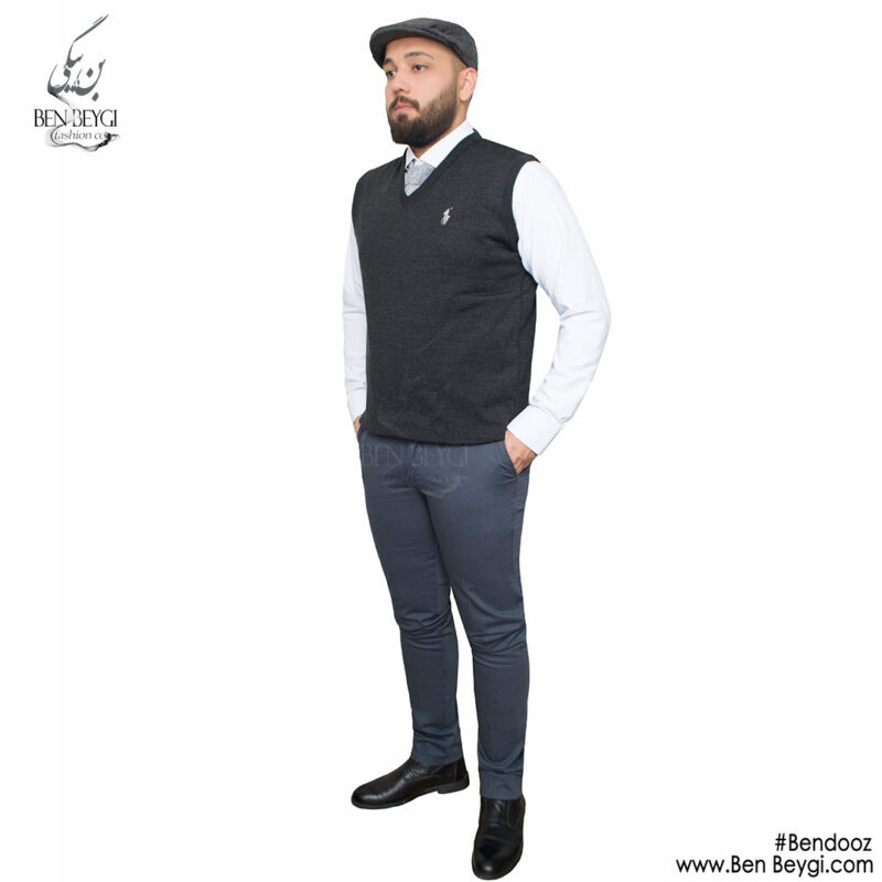 ژیله بافت ژیله بافت یقه هفت مردانه رنگ ذغالی آستین حلقه ای کد MA-21686