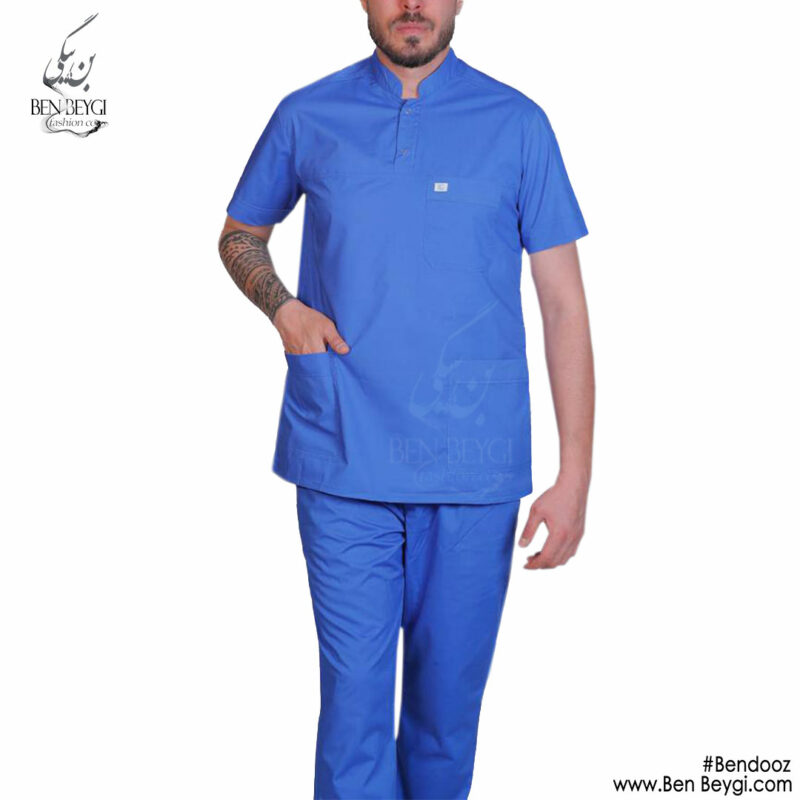 اسکراب پزشکی مردانه با شلوار پارچه ترگال آستین کوتاه یقه ایتالیایی آبی کد SHA-405-23639