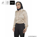شومیز زنانه پارچه ساتن مدل پیله دار رنگ کرم دکمه دار قد کوتاه کد 25903