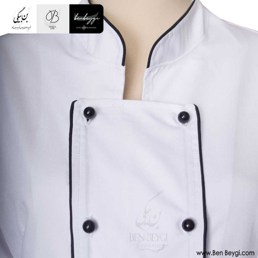 پیراهن آشپزی زنانه دو ردیف دکمه مغزی دوزی شده رنگ سفید روهمگرد دار کد 27889 (3)