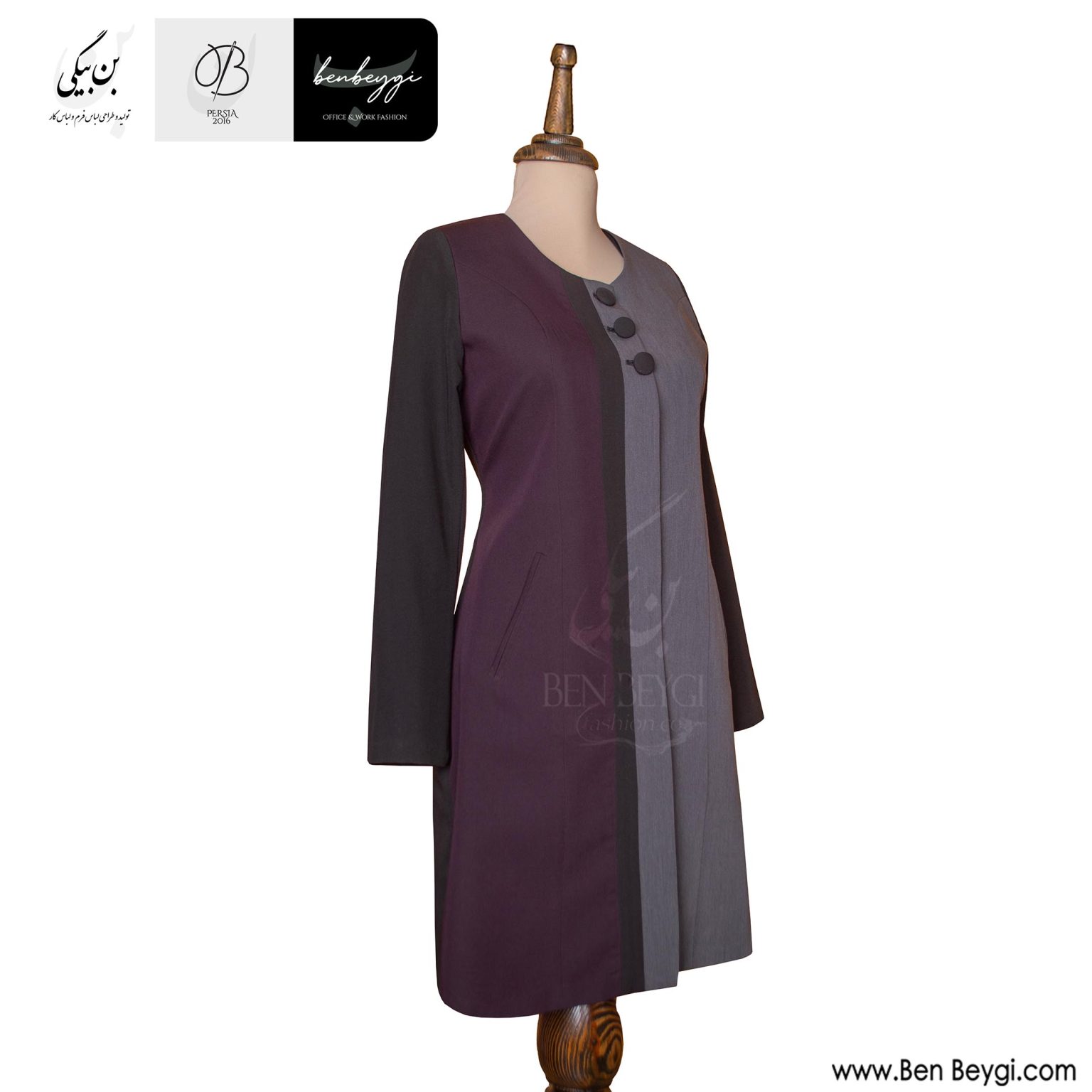 مانتو شلوار اداری پارچه فیونا سه دکمه دو رنگ زرشکی و طوسی یقه گرد [تک سایز] کد 30365 (2)