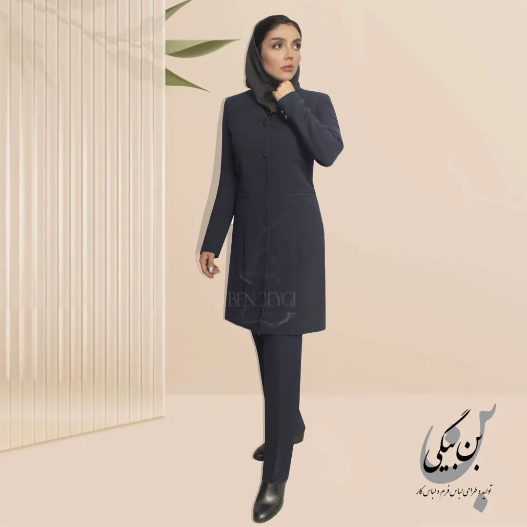 مانتو شلوار اداری سرمه‌ای مغزی‌دوزی یقه هفت 4 دکمه پارچه کرپ کنزو کد 32442