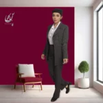 کت و شلوار اداری زنانه طوسی طرح دیپلمات خط سفید یقه انگلیسی پهن بدون دکمه پارچه گاباردین کد 32489