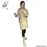 بارانی زنانه پارچه کتان یقه انگلیسی شش دکمه روهمگرد دار رنگ کرم کد 34976