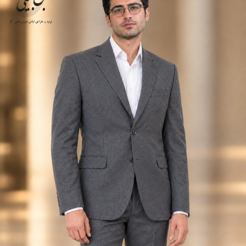 کت و شلوار اداری مردانه کرپ ملانژ طوسی کد CR42014